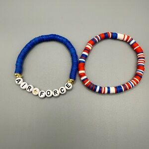 Blue & Red Beaded Stretch Bracelets - Air Force Lettered - Handmade #B0461T